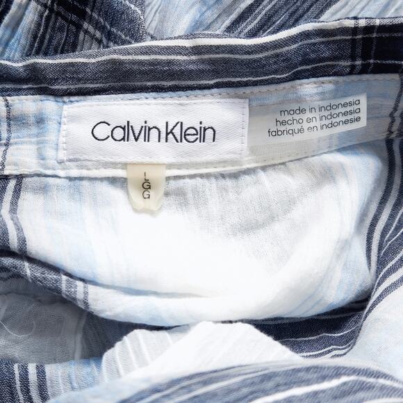 Calvin Klein Gauzy Plaid Shirt Dress Blue White Cotton Size L Weekend Ready - Picture 8 of 8